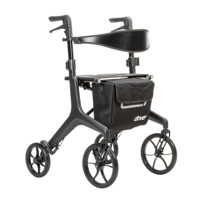 The Drive AeroCarbon Ultra-Lite Rollator is a black, ultra-lightweight rollator with four wheels, ergonomic handles, a built-in seat, and a front storage pouch labeled "drive.
