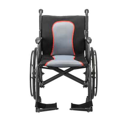 The Drive AeroFly™ Ultra-Lite Wheelchair with Companion Brakes is shown from the front, featuring a black frame, large rear wheels, gray and red cushioned seat and backrest, plus armrests and footrests, against a white background.