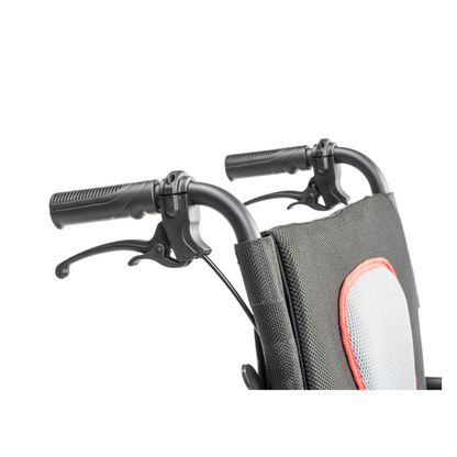 Close-up of the handles and brake levers on the Drive AeroFly™ Ultra-Lite Wheelchair with Companion Brakes, showcasing black grips on a sleek magnesium alloy frame and a mesh and fabric backrest.
