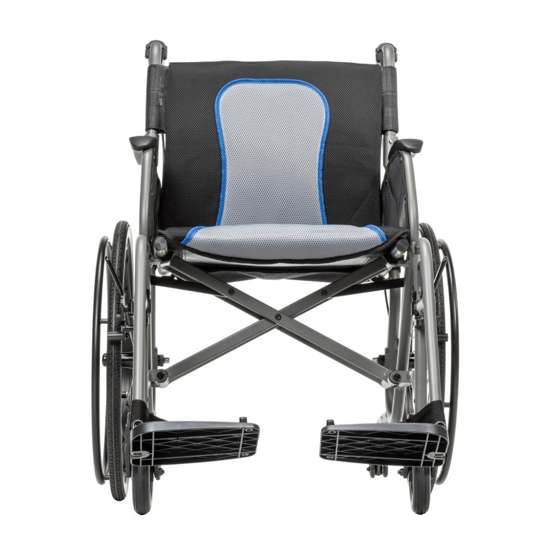 The Drive AeroFly™ Ultra-Lite Wheelchair with Companion Brakes features an ultra-light frame, black fabric, a gray and blue seat cushion, large rear wheels, and footrests—perfect as a travel wheelchair.