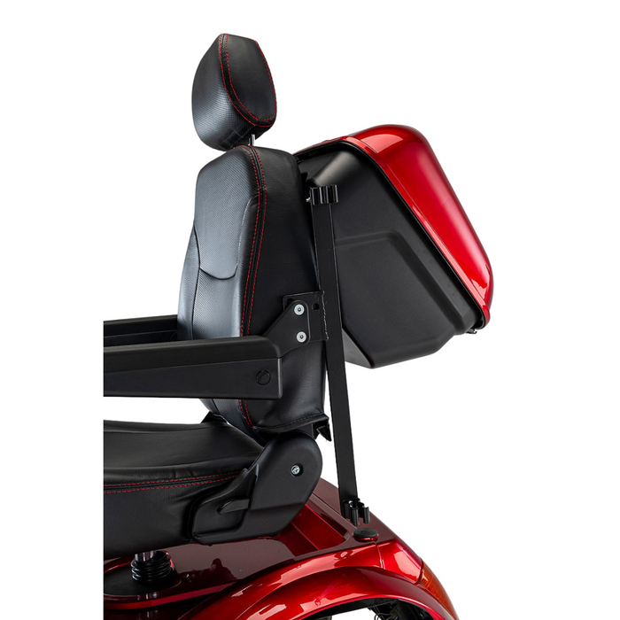 The Afikim Electric Vehicle Accessories include a black leather seat with red stitching for elegance and a glossy red storage compartment for style and functionality, offering customization options that prioritize comfort and safety.