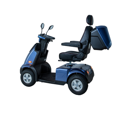The Afikim Afiscooter C3 HD 3-Wheel Mobility Scooter, shown on a white background, has a padded seat with backrest, mirrors, handlebars, and a small windshield—ideal for those seeking the convenience of a mid-size scooter.
