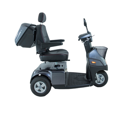 Side view of the Afikim Afiscooter C3 HD, a sleek black and gray mid-size 3-wheel mobility scooter, featuring a padded seat with armrests and headrest, storage compartment behind the seat, and a front basket.
