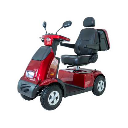 The Afikim Afiscooter C4 HD 4-Wheel Mobility Scooter features a vibrant red design, four wheels, a cushioned black seat with backrest, handlebars, mirrors, and a headlight for enhanced mobility and comfort.