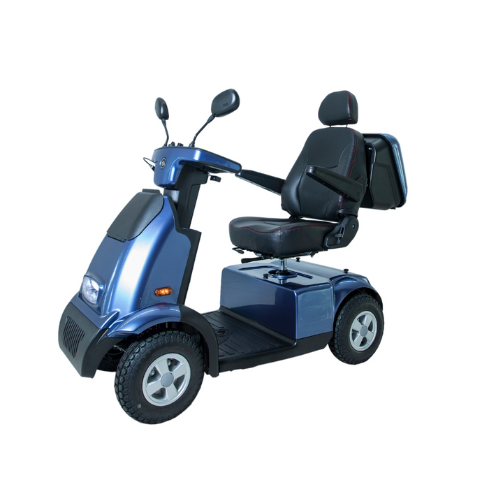 The Afikim Afiscooter C4 HD 4-Wheel Mobility Scooter is available in blue and features a black padded orthopedic seat with backrest, mirrored handlebars, four-wheel stability, and a rear storage compartment.