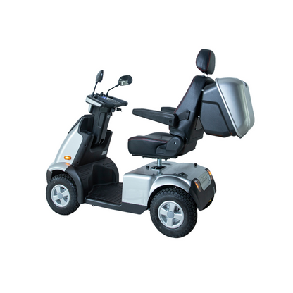 The Afikim Afiscooter C4 HD 4-Wheel Mobility Scooter shines in silver, featuring an adjustable seat with a headrest, intuitive handlebar controls, mirrors for safety, four wheels, and a rear storage compartment.