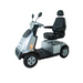 The Afikim Afiscooter C4 HD 4-Wheel Mobility Scooter, silver with black accents, has a large cushioned orthopedic seat, armrests, and backrest. It comes equipped with a headlight and side mirrors to assist those with limited mobility in short-distance travel.