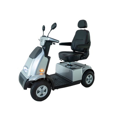 Presenting the Afikim Afiscooter C4 HD: a sleek silver 4-wheel mobility scooter featuring a cozy black seat, armrests, rearview mirrors, headlights, and an intuitive handlebar control panel for enhanced accessibility and ease of use.