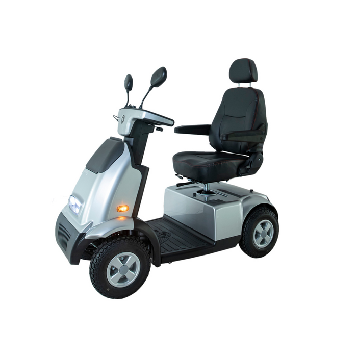 Presenting the Afikim Afiscooter C4 HD: a sleek silver 4-wheel mobility scooter featuring a cozy black seat, armrests, rearview mirrors, headlights, and an intuitive handlebar control panel for enhanced accessibility and ease of use.