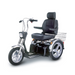 The Afikim Afiscooter SE 3-Wheel Recreational Scooter offers a retro design with a black leather seat, high backrest, and armrests. It features bike handles with controls, a front headlight, and a rear metal basket. Its durable chassis supports silver-rimmed wheels for style and stability.