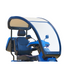 A blue mobility scooter with a transparent canopy, cushioned seat, backrest, and armrests provides excellent mobility. Supported by a black frame, it features Afikim Electric Vehicle Accessories for enhanced comfort against a white backdrop.