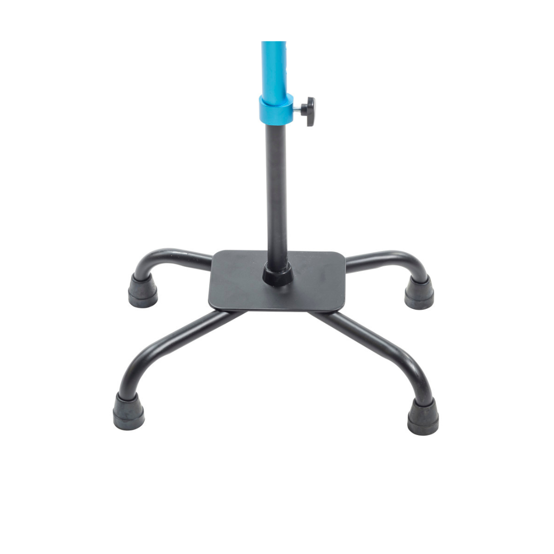 A close-up of a Drive Airgo Comfort-Plus Adjustable Quad Cane features a black metal base with four rubber-tipped feet and a blue handle, designed to provide enhanced balance and stability while walking.