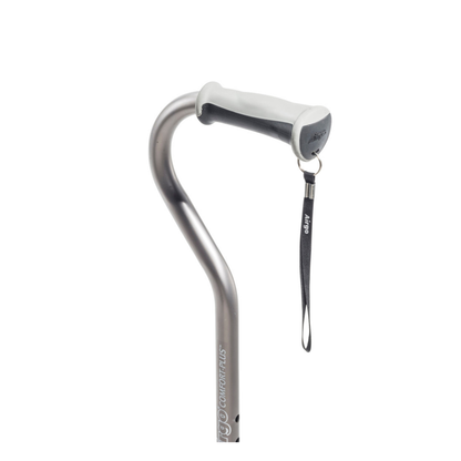A close-up of the Drive Airgo Comfort-Plus Adjustable Quad Cane, featuring a silver lightweight frame, a curved ergonomic handle, and a black wrist strap for balance support, set against a plain white background.