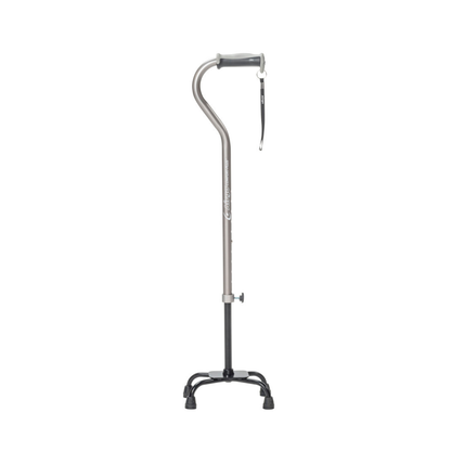 The Drive Airgo Comfort-Plus Adjustable Quad Cane offers a lightweight design with a curved handle, wrist strap, and adjustable height. Its black base has four rubber-tipped legs for enhanced balance support.