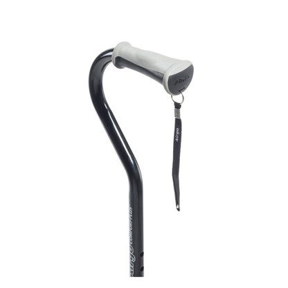 The Drive Airgo Comfort-Plus Adjustable Quad Cane features a lightweight black curved shaft, gray ergonomic handle for balance, and a black wrist strap, all shown against a white background.