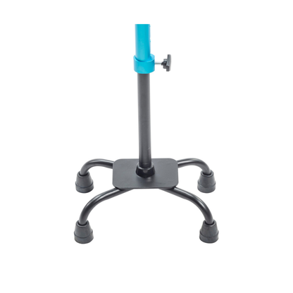 A close-up of the Drive Airgo Comfort-Plus Adjustable Quad Cane’s lightweight black metal frame, blue adjustable central shaft, and four rubber-tipped feet designed for optimal balance support.