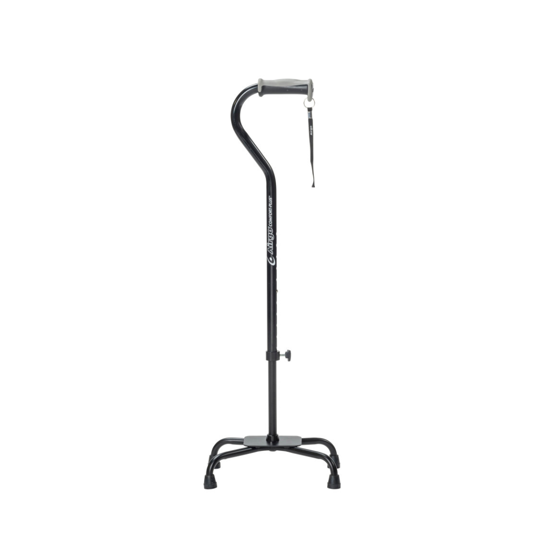 The Drive Airgo Comfort-Plus Adjustable Quad Cane, in black, features a curved handle with gray grip, wrist strap, and four-pronged base for balance support. This lightweight cane stands upright on a plain white background.