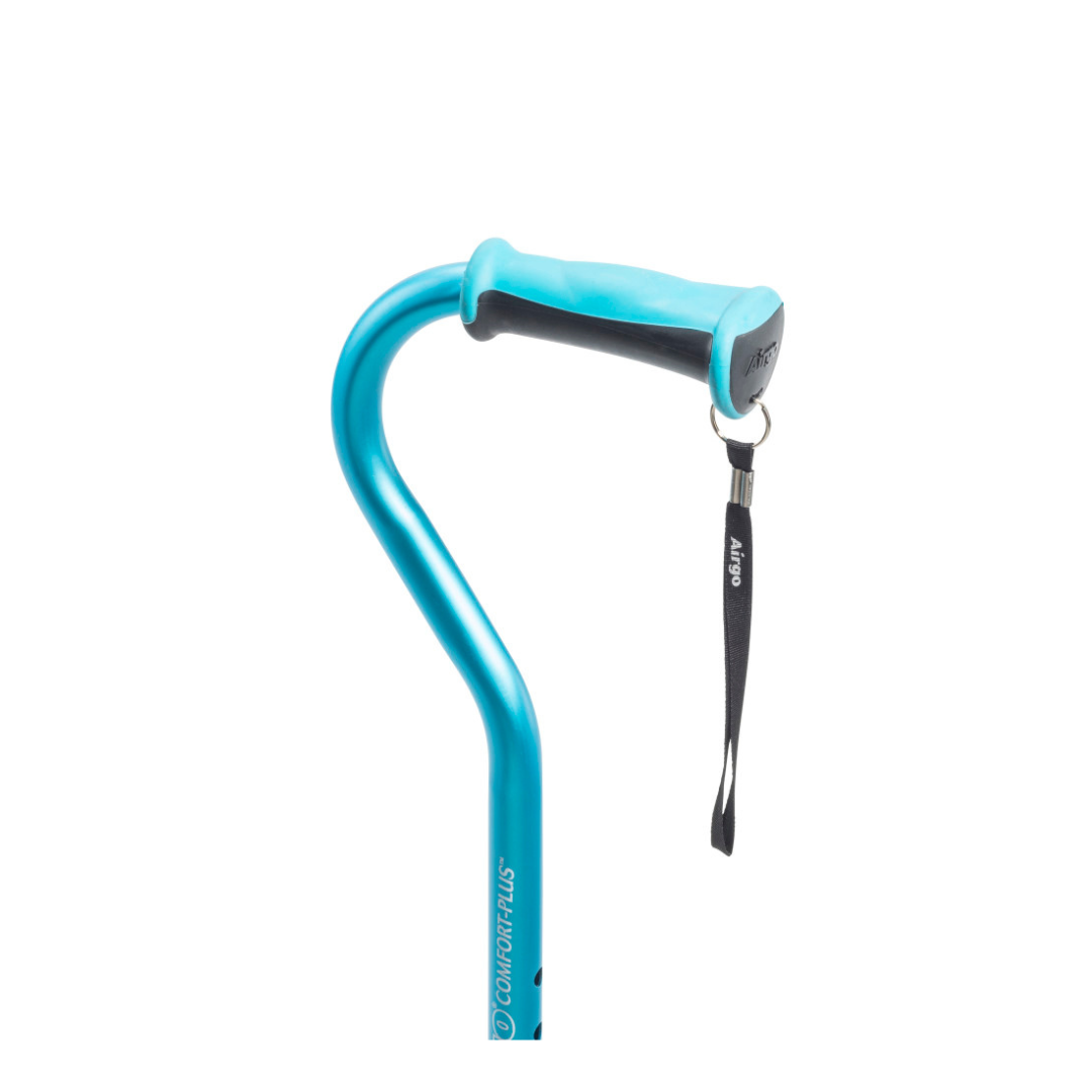 The Drive Airgo Comfort-Plus Adjustable Quad Cane in turquoise features a lightweight design, curved handle, and black wrist strap for balance support, shown on a white background.