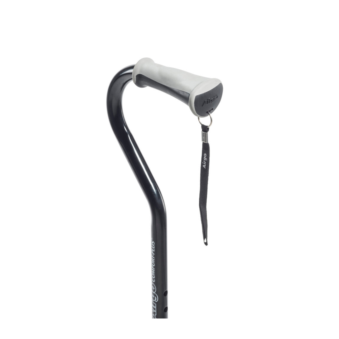 The Drive Airgo Comfort-Plus Adjustable Quad Cane in black features a curved shaft, a light gray ergonomic handle for balance support, and a black wrist strap, all shown against a plain white background.