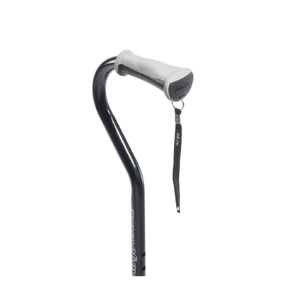 The Drive Airgo Comfort-Plus Adjustable Quad Cane in black features a curved shaft, a light gray ergonomic handle for balance support, and a black wrist strap, all shown against a plain white background.