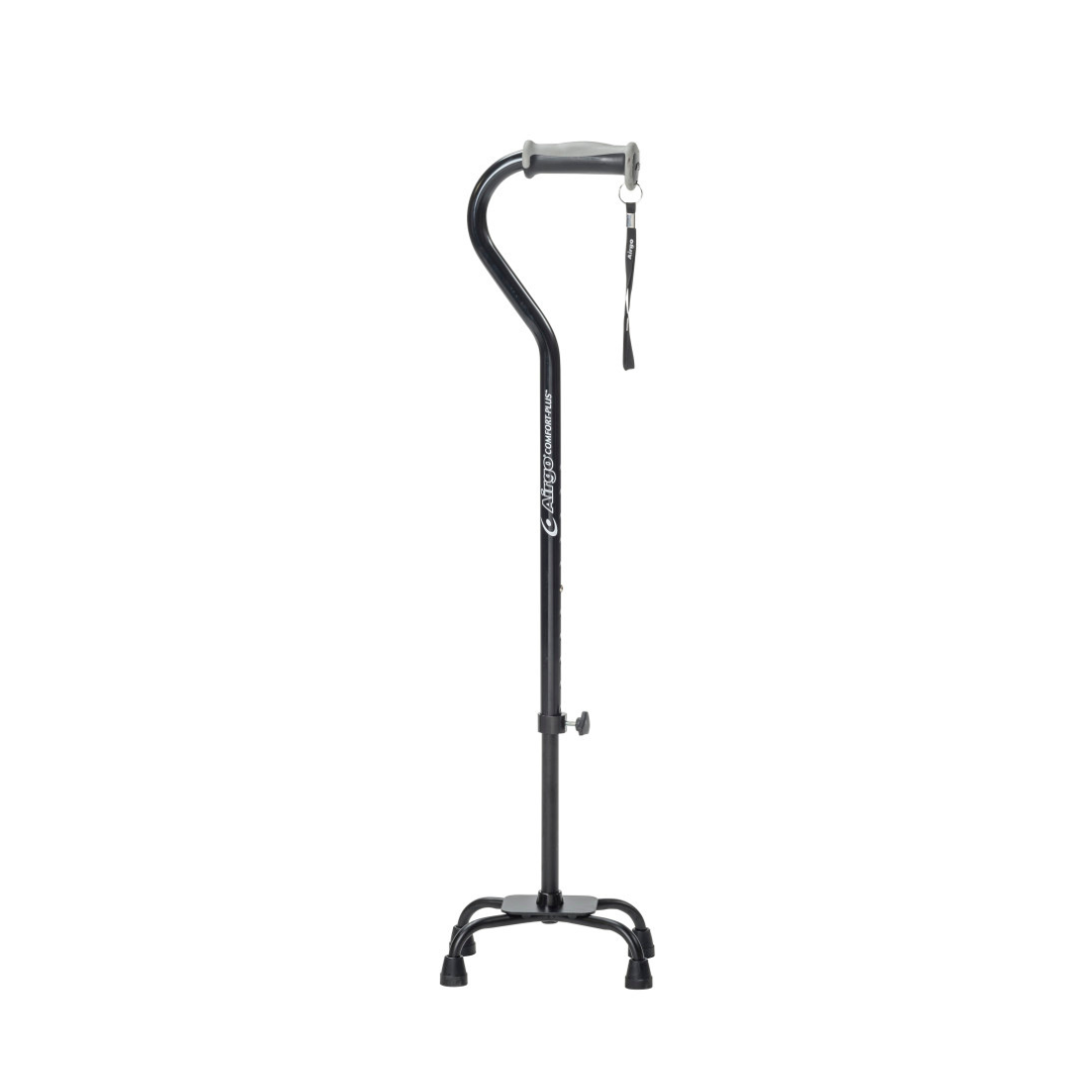 The Drive Airgo Comfort-Plus Adjustable Quad Cane is black, lightweight, features an ergonomic handle, height adjustment, and a sturdy four-point base for balance support; shown upright against a plain white background.