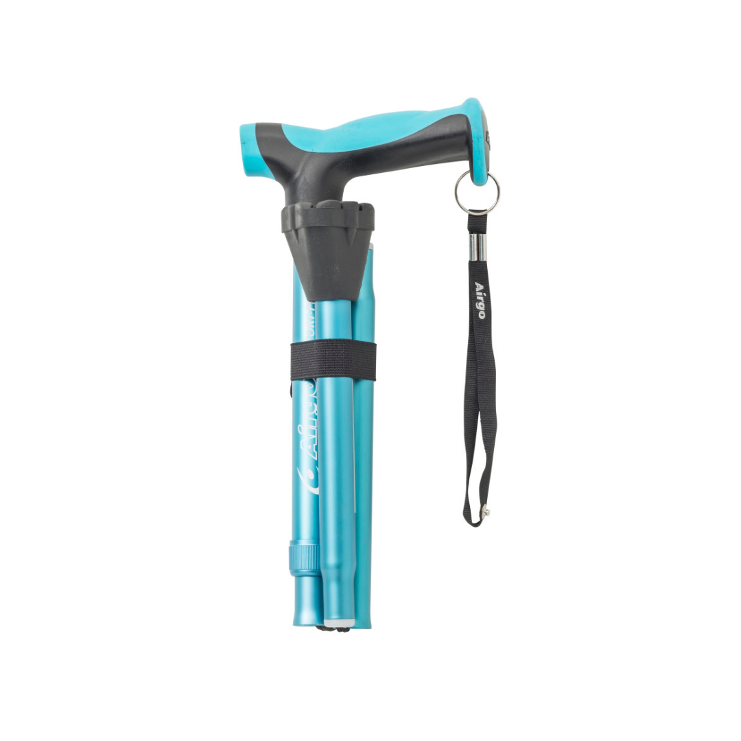 The Drive Airgo Comfort-Plus Folding Cane, featuring a blue and black design, ergonomic handle, and black wrist strap, is shown collapsed and secured with a Velcro strap against a white background.