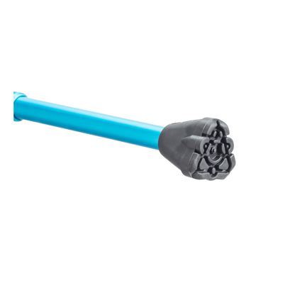 A close-up of the tip of a Drive Airgo Comfort-Plus Folding Cane, blue in color, featuring a black multi-pronged rubber base, isolated on a white background.
