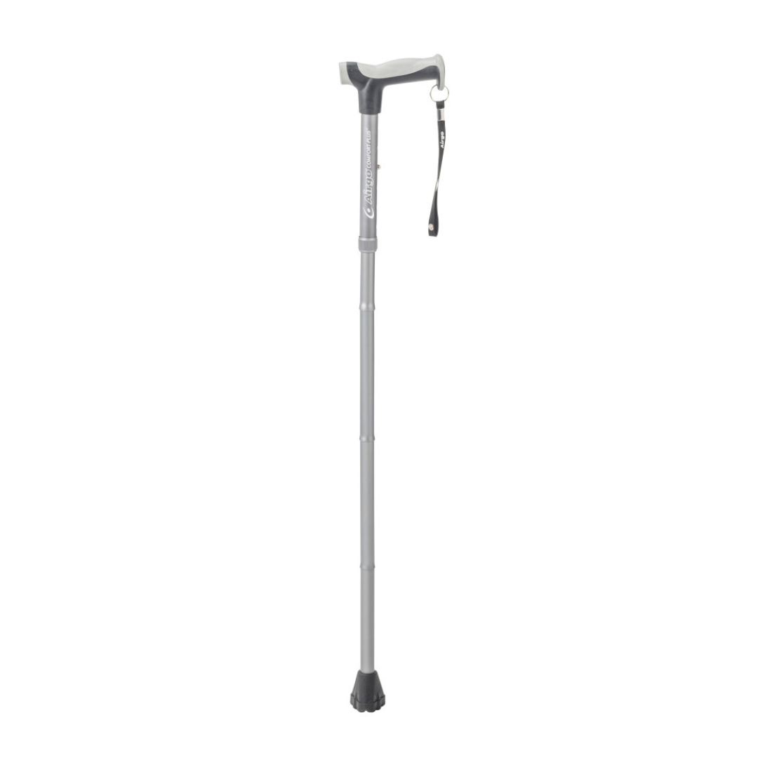 The Drive Airgo Comfort-Plus Folding Cane, gray with an ergonomic handle, black rubber tip, and wrist strap attached to the handle, stands upright against a white background.