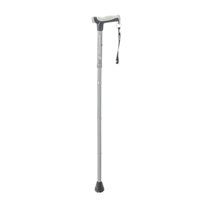 The Drive Airgo Comfort-Plus Folding Cane, gray with an ergonomic handle, black rubber tip, and wrist strap attached to the handle, stands upright against a white background.