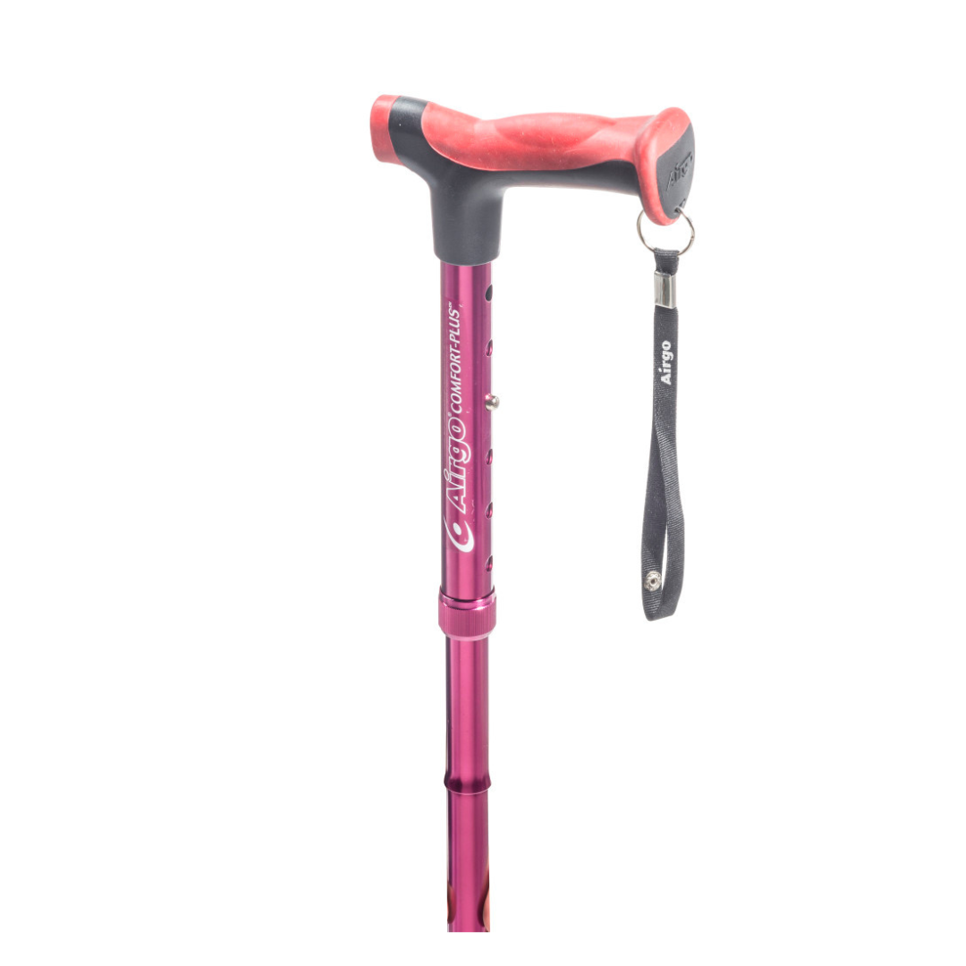A red Drive Airgo Comfort-Plus Folding Cane with ergonomic handle, black wrist strap, and adjustable height is shown on a white background.