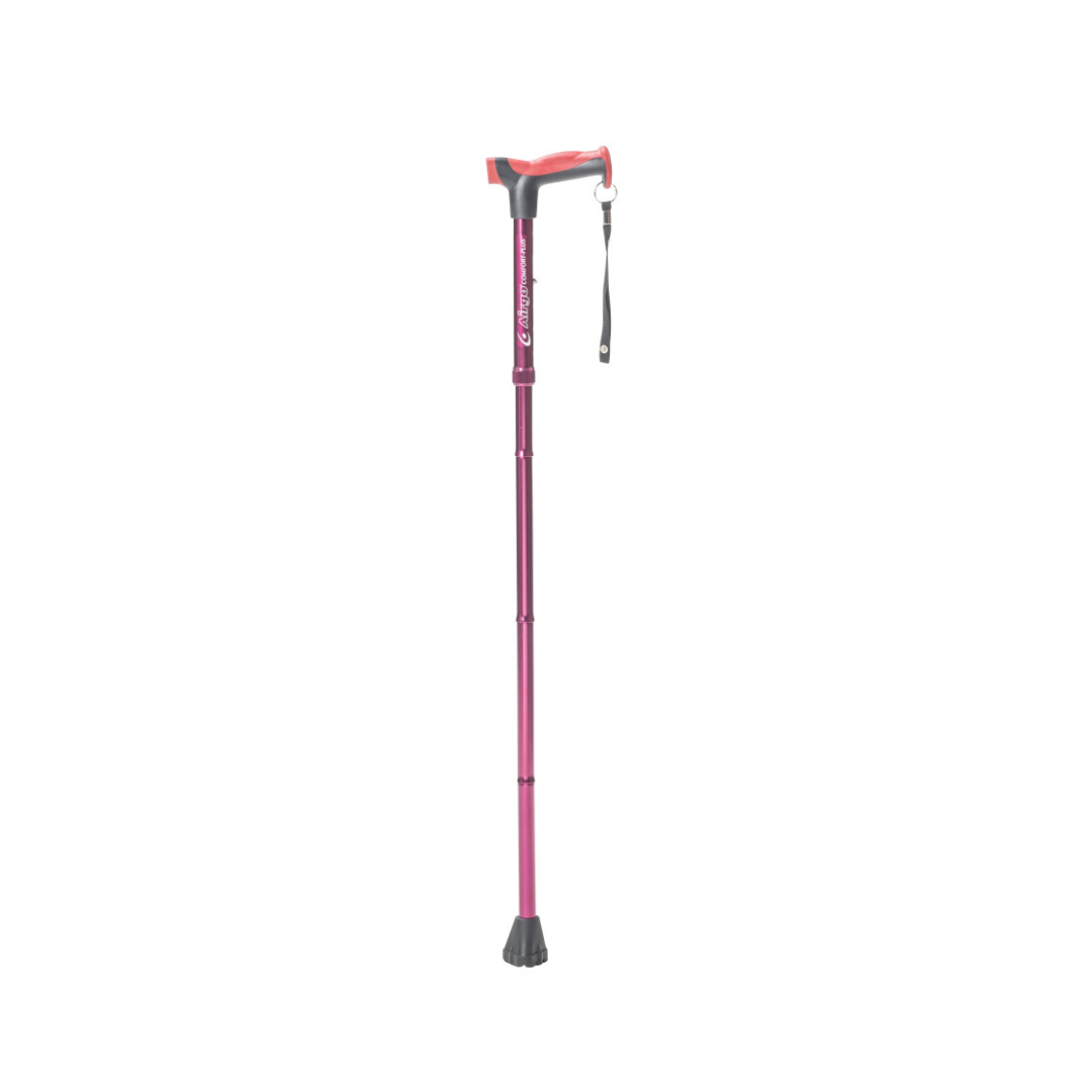 The Drive Airgo Comfort-Plus Folding Cane features a purple shaft, an arthritis-friendly red ergonomic handle, a black rubber tip, and a black wrist strap. It is shown upright on a white background.