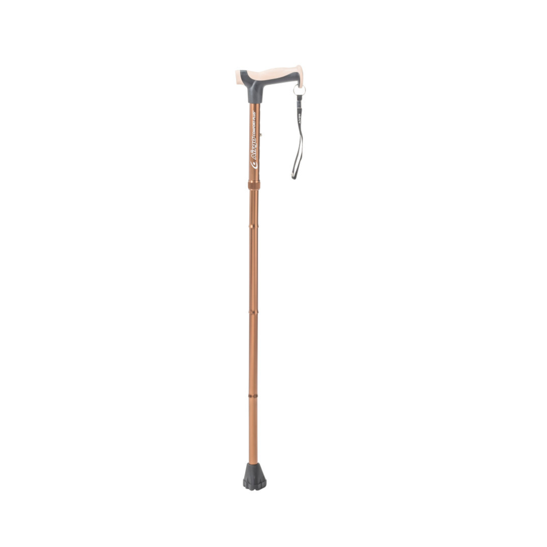 The Drive Airgo Comfort-Plus Folding Cane features a brown, ergonomic contoured handle that's arthritis-friendly, a wrist strap, and a black rubber tip at the base. It is displayed on a plain white background.