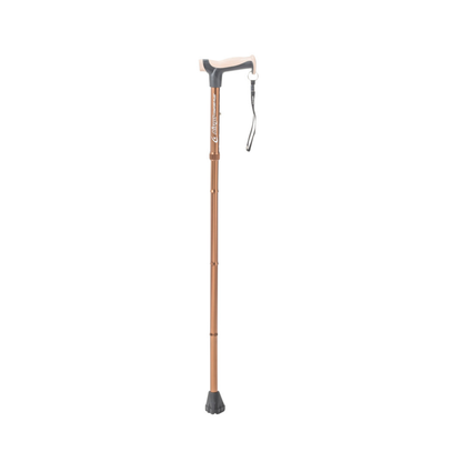 The Drive Airgo Comfort-Plus Folding Cane features a brown, ergonomic contoured handle that's arthritis-friendly, a wrist strap, and a black rubber tip at the base. It is displayed on a plain white background.