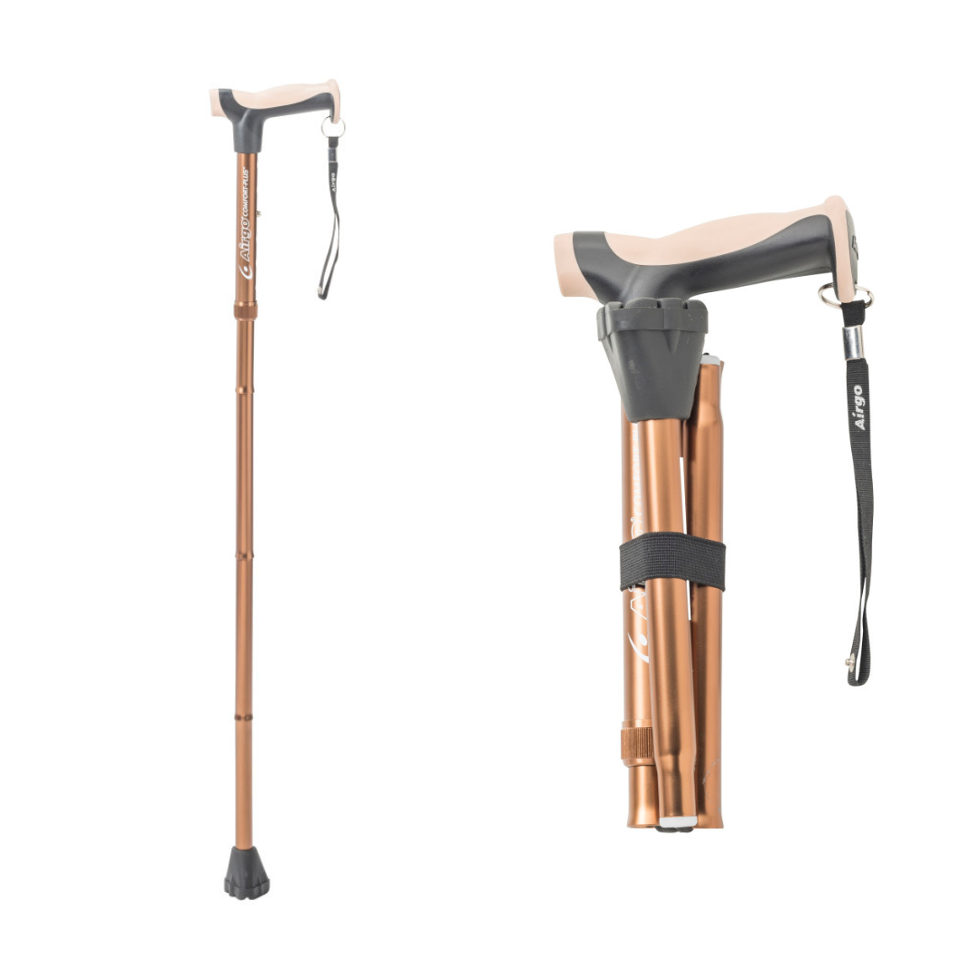 The Drive Airgo Comfort-Plus Folding Cane features an ergonomic beige and black handle, rubber tip, wrist strap, and Velcro strap. The arthritis-friendly cane is shown extended and folded on a white background.