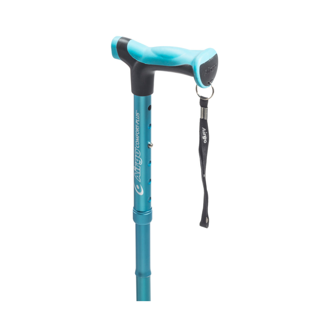 The Drive Airgo Comfort-Plus Folding Cane features a teal color, an ergonomic handle designed for arthritis comfort, and a black wrist strap attached to the top.