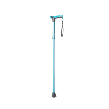 The Drive Airgo Comfort-Plus Folding Cane, shown in teal and black with a curved ergonomic handle and wrist strap, is arthritis-friendly and is photographed on a white background.