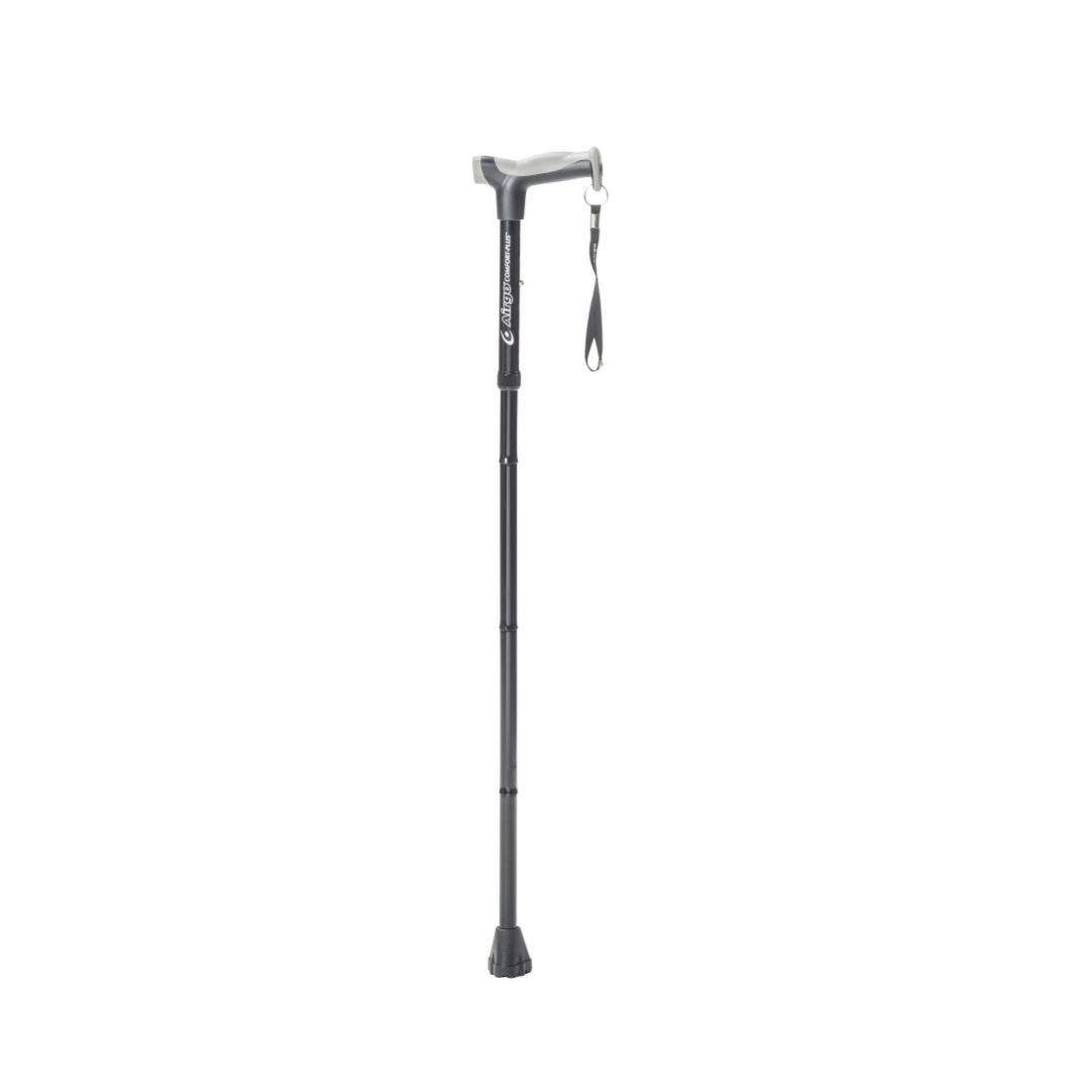 The Drive Airgo Comfort-Plus Folding Cane features a black foldable design, an arthritis-friendly gray ergonomic handle, wrist strap, and a rubber tip for added stability—shown standing upright against a white background.