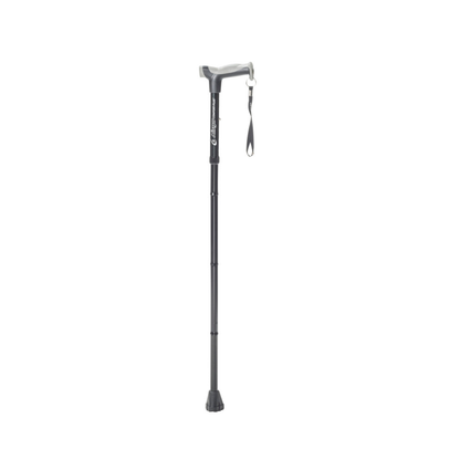 The Drive Airgo Comfort-Plus Folding Cane features a black foldable design, an arthritis-friendly gray ergonomic handle, wrist strap, and a rubber tip for added stability—shown standing upright against a white background.