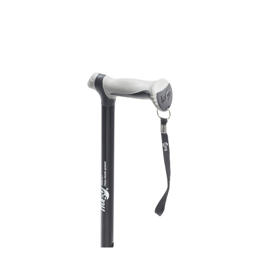 The Drive Airgo Comfort-Plus Folding Cane features a black foldable shaft, a light gray ergonomic handle, and a black wrist strap—a supportive, arthritis-friendly option shown on a white background.