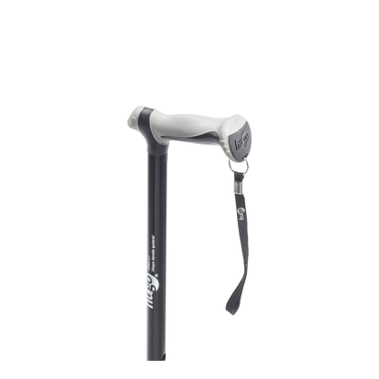 The Drive Airgo Comfort-Plus Folding Cane features a black foldable shaft, a light gray ergonomic handle, and a black wrist strap—a supportive, arthritis-friendly option shown on a white background.