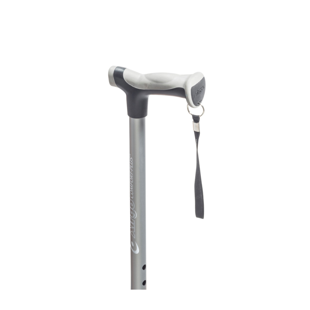 The Drive Airgo Comfort-Plus Folding Cane is a silver, arthritis-friendly walking cane featuring an ergonomic gray handle and an adjustable wrist strap, shown against a plain white background.
