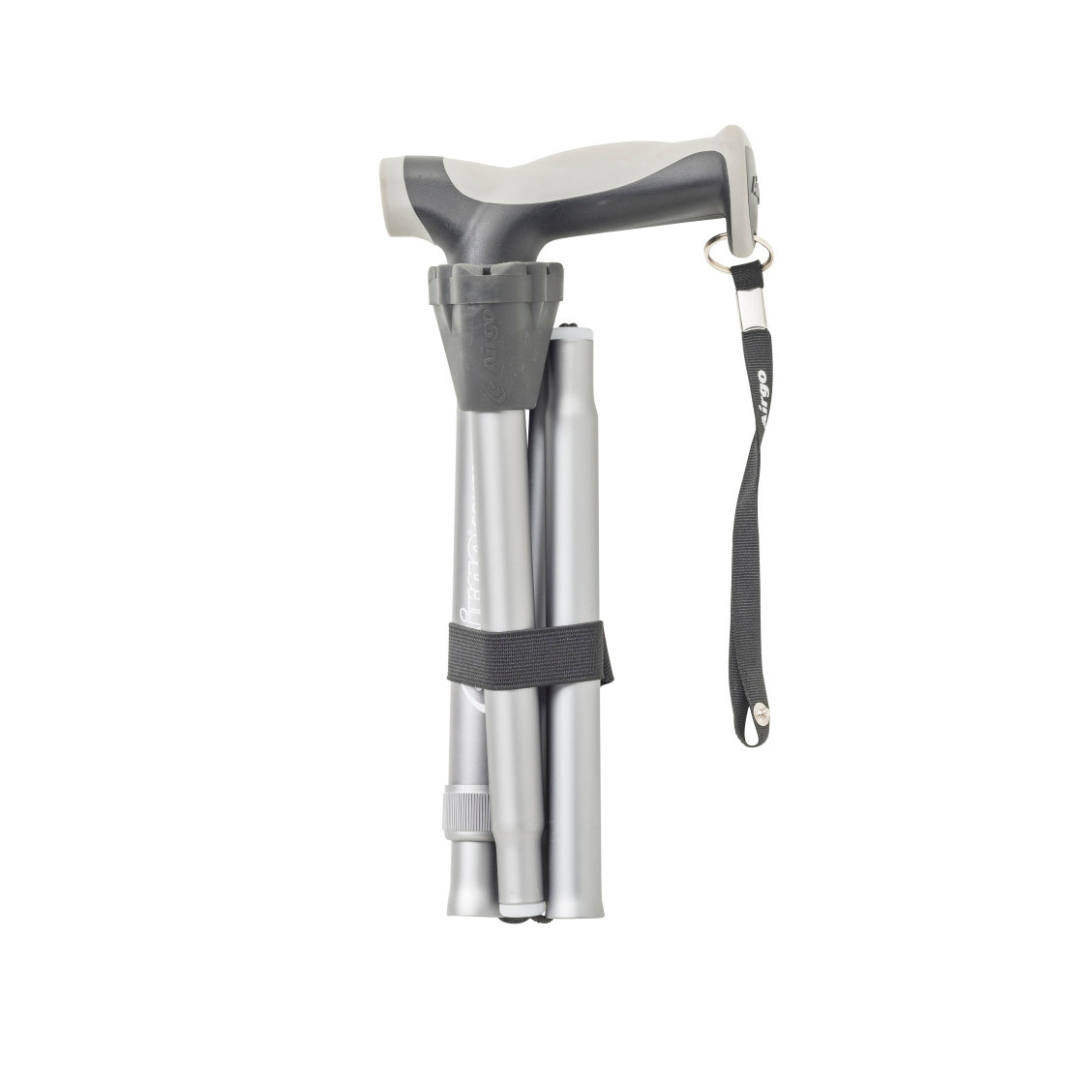 A Drive Airgo Comfort-Plus Folding Cane in silver and gray, featuring an arthritis-friendly ergonomic handle, black wrist strap, and a black band securing its folded sections, is shown against a white background.