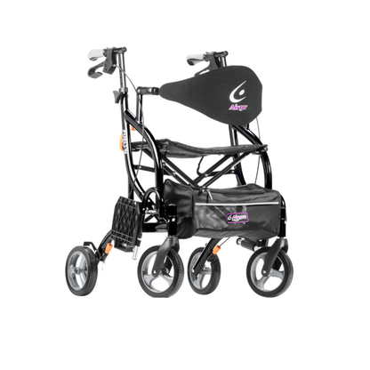 The Drive Airgo Fusion Side-Folding Hybrid Rollator & Transport Chair is a black, lightweight walker with four wheels, a seat, backrest, hand brakes, and an under-seat pouch—providing mobility aid and quick conversion to a transport chair.