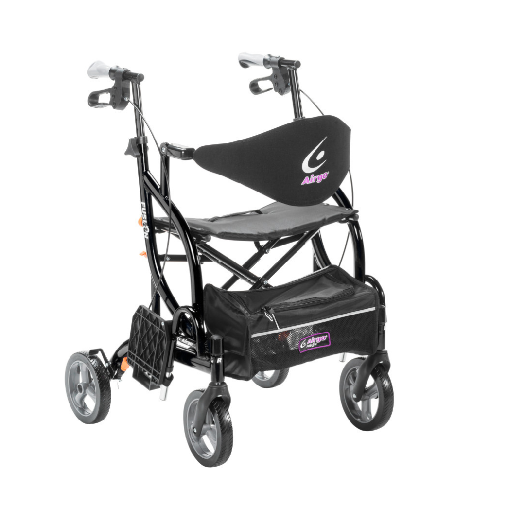 The Drive Airgo Fusion Side-Folding Hybrid Rollator & Transport Chair is a lightweight black mobility aid with four wheels, hand brakes, padded seat, backrest, and a zippered storage bag that quickly converts into a transport chair.