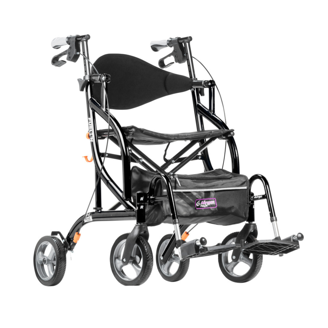 The Drive Airgo Fusion Side-Folding Hybrid Rollator & Transport Chair is a lightweight, foldable black model with four wheels, handbrakes, cushioned seat, armrests, footrest, and storage pouch—offering rollator and wheelchair versatility.