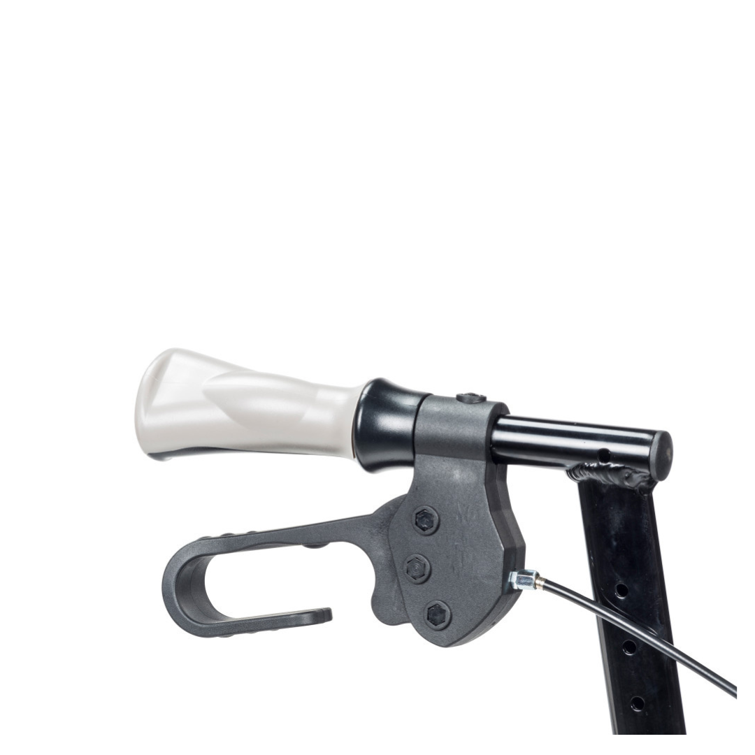 Close-up of the Drive Airgo Fusion Side-Folding Hybrid Rollator & Transport Chair’s black metal handlebar with a white ergonomic grip and attached brake lever, shown against a plain white background.