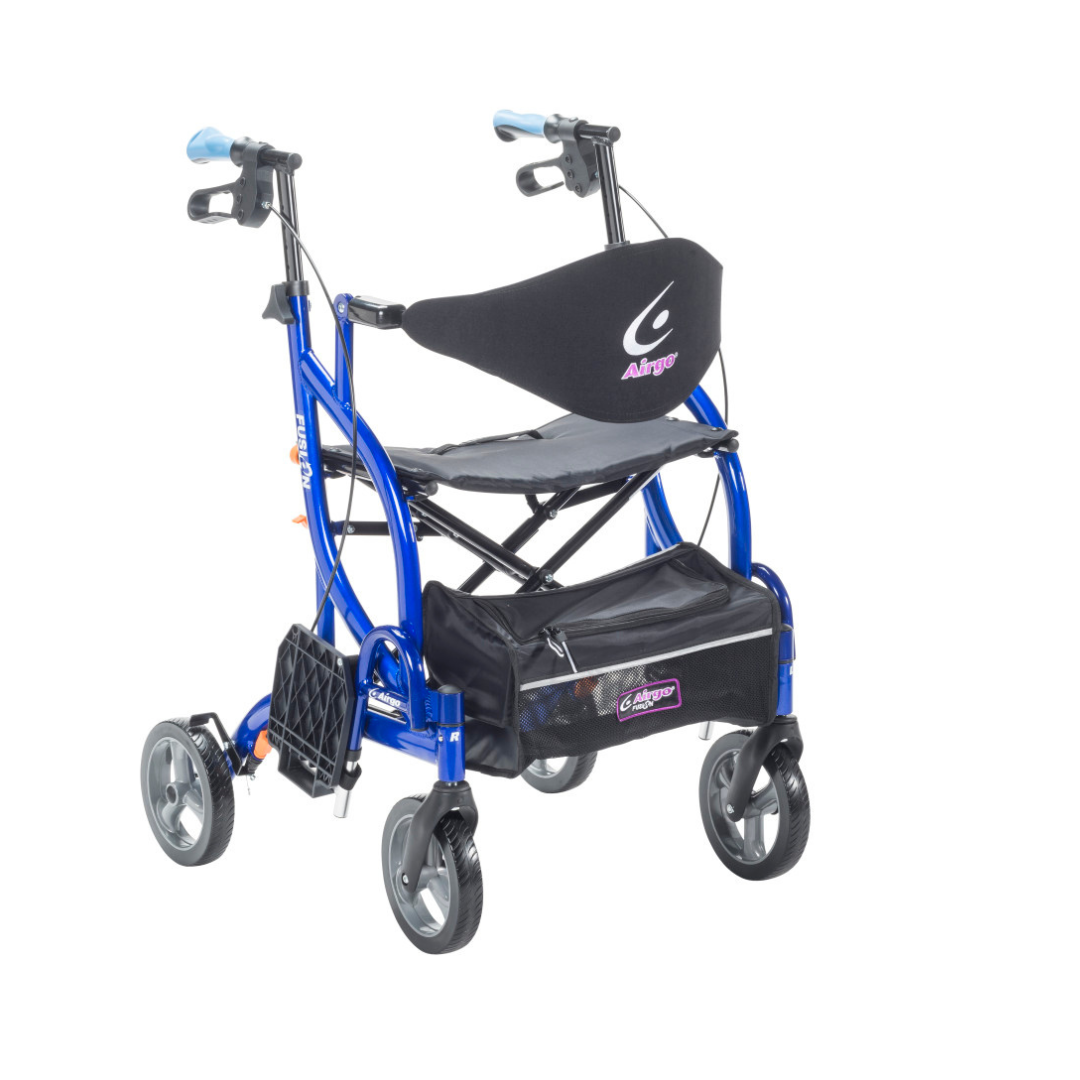 The Drive Airgo Fusion Side-Folding Hybrid Rollator & Transport Chair features a metallic blue frame, four grey wheels, hand brakes, black seat and backrest, plus an underseat storage pouch for versatile mobility and easy transport.