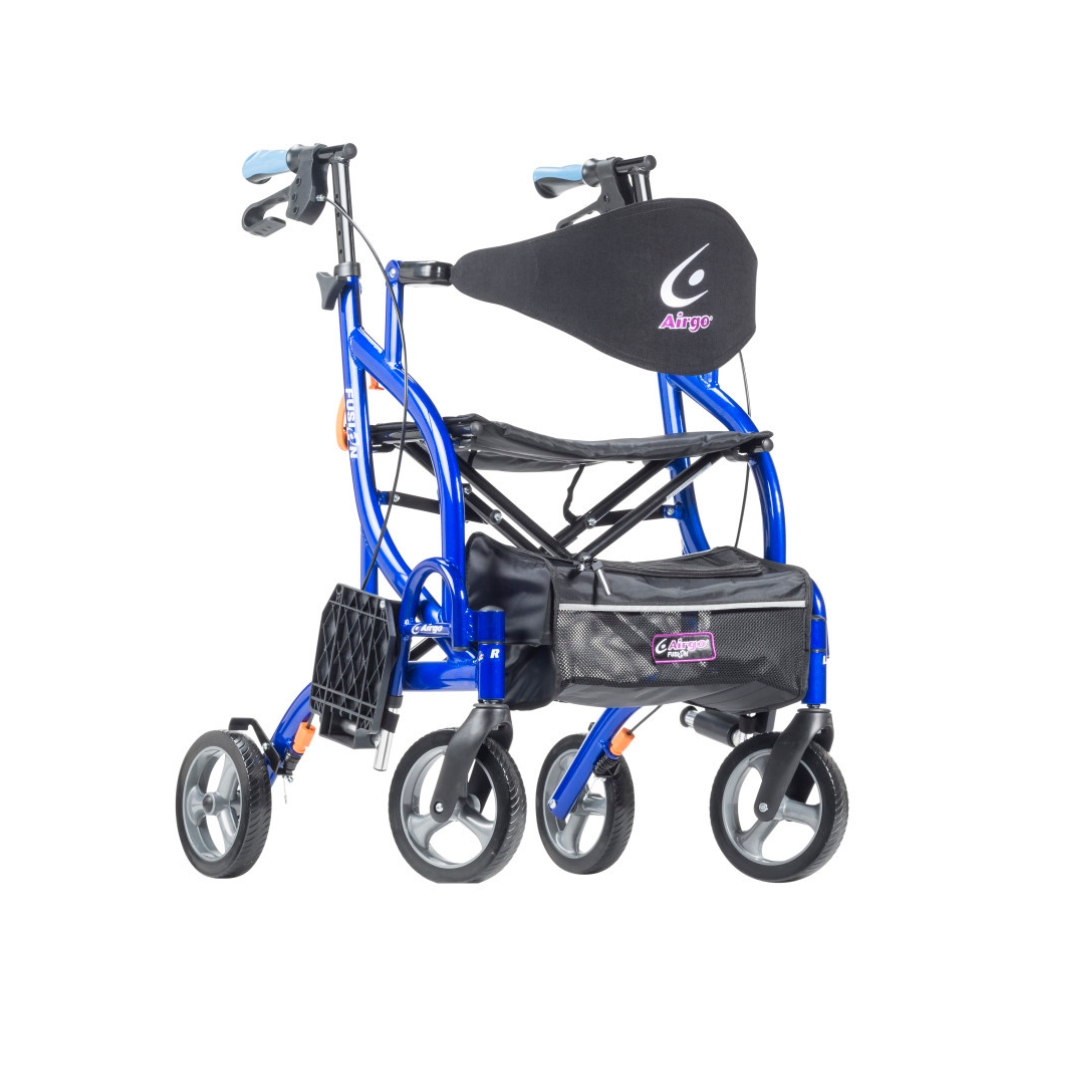The Drive Airgo Fusion Side-Folding Hybrid Rollator & Transport Chair is a blue, lightweight 4-wheel walker with a padded seat, backrest, storage pouch, and hand brakes—easily converting from rollator to transport chair for added mobility.