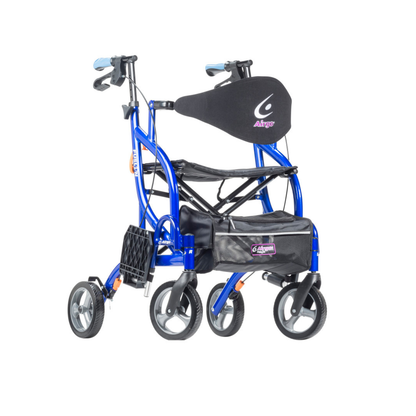 The Drive Airgo Fusion Side-Folding Hybrid Rollator & Transport Chair is a blue, lightweight 4-wheel walker with a padded seat, backrest, storage pouch, and hand brakes—easily converting from rollator to transport chair for added mobility.