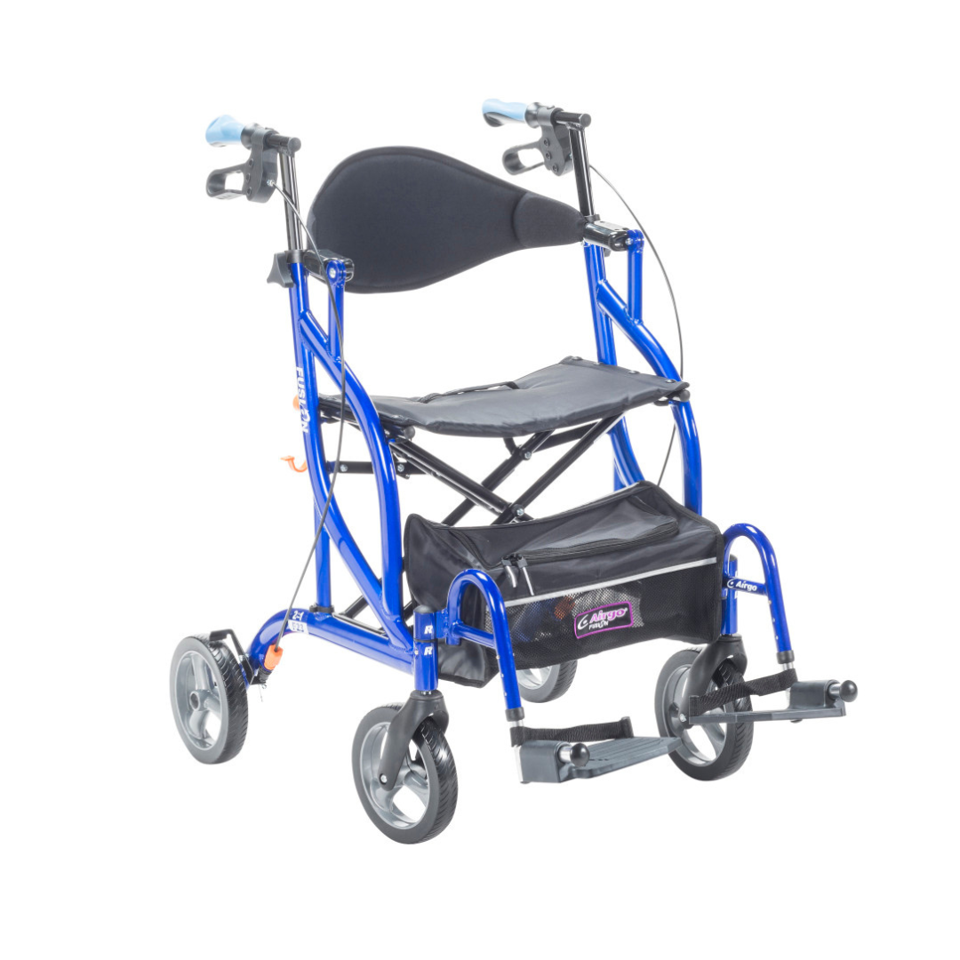 The Drive Airgo Fusion Side-Folding Hybrid Rollator & Transport Chair is a blue mobility aid with four wheels, hand brakes, padded seat, black pouch, and footrests for easy use. Shown on a plain white background.